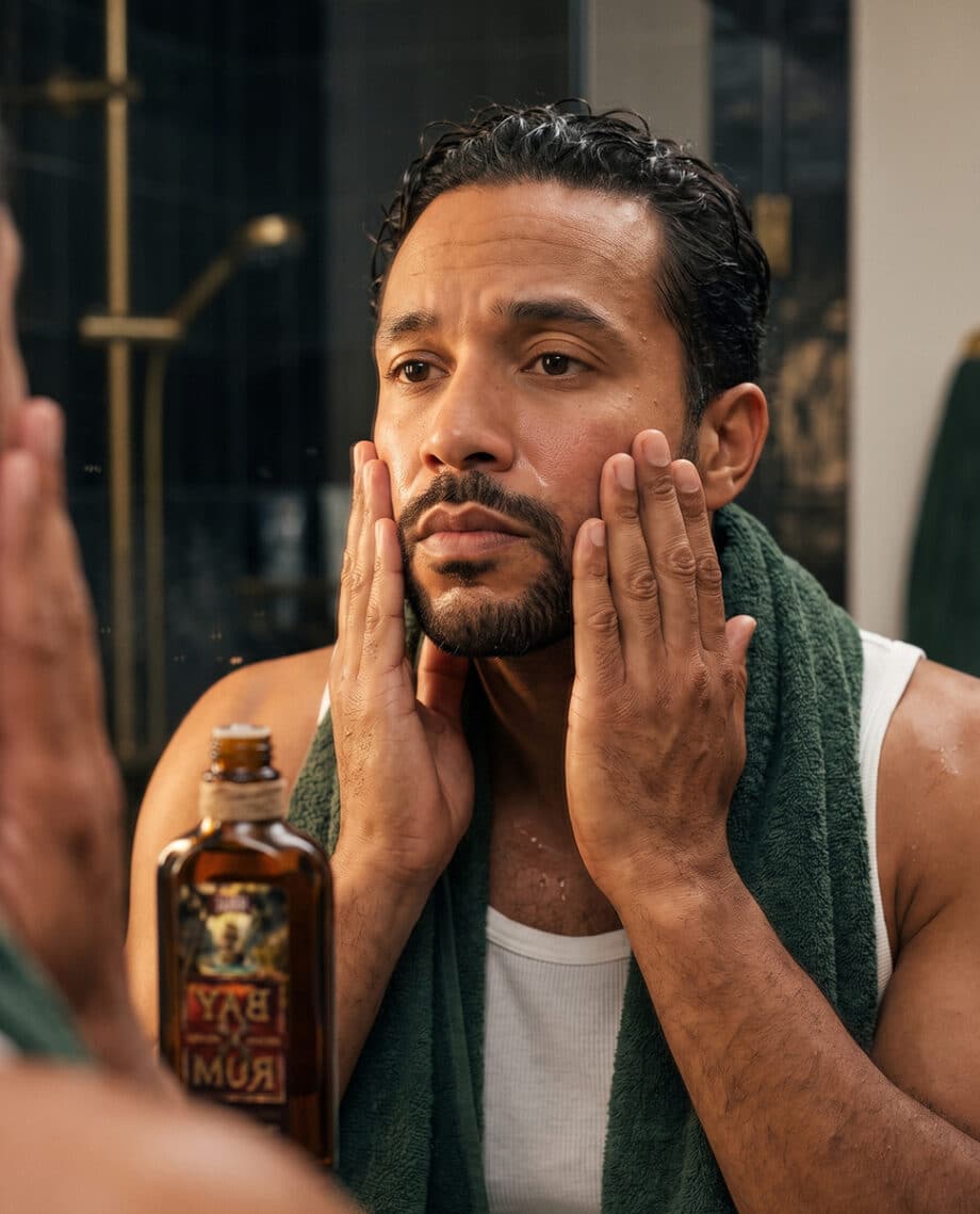 Homme appliquant l'après-rasage Bay Rum HONAE sur ses joues face au miroir après le rasage