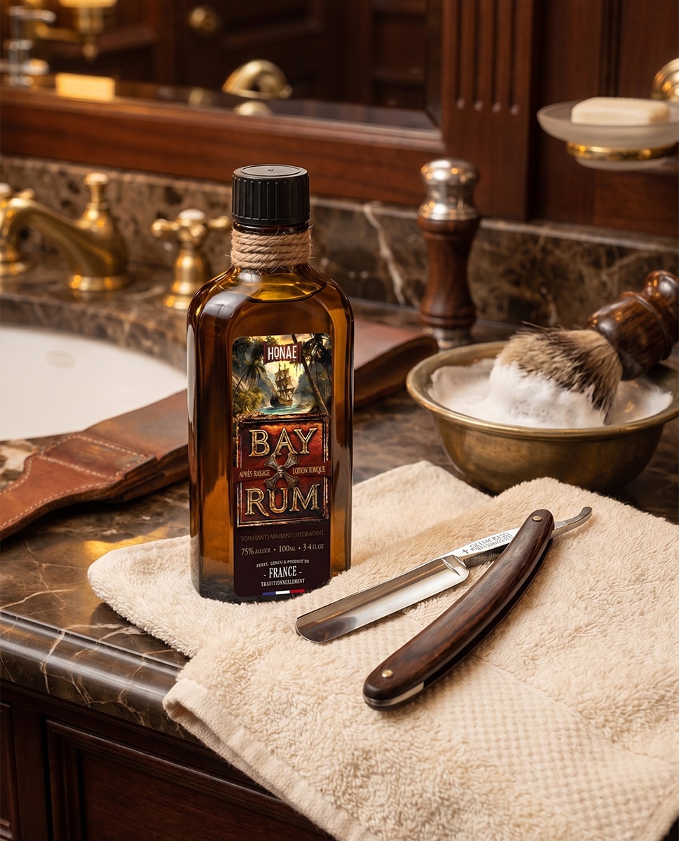 Bay Rum HONAE – sur le marbre du barbier Homme versant la lotion tonique Bay Rum HONAE dans le creux de sa main